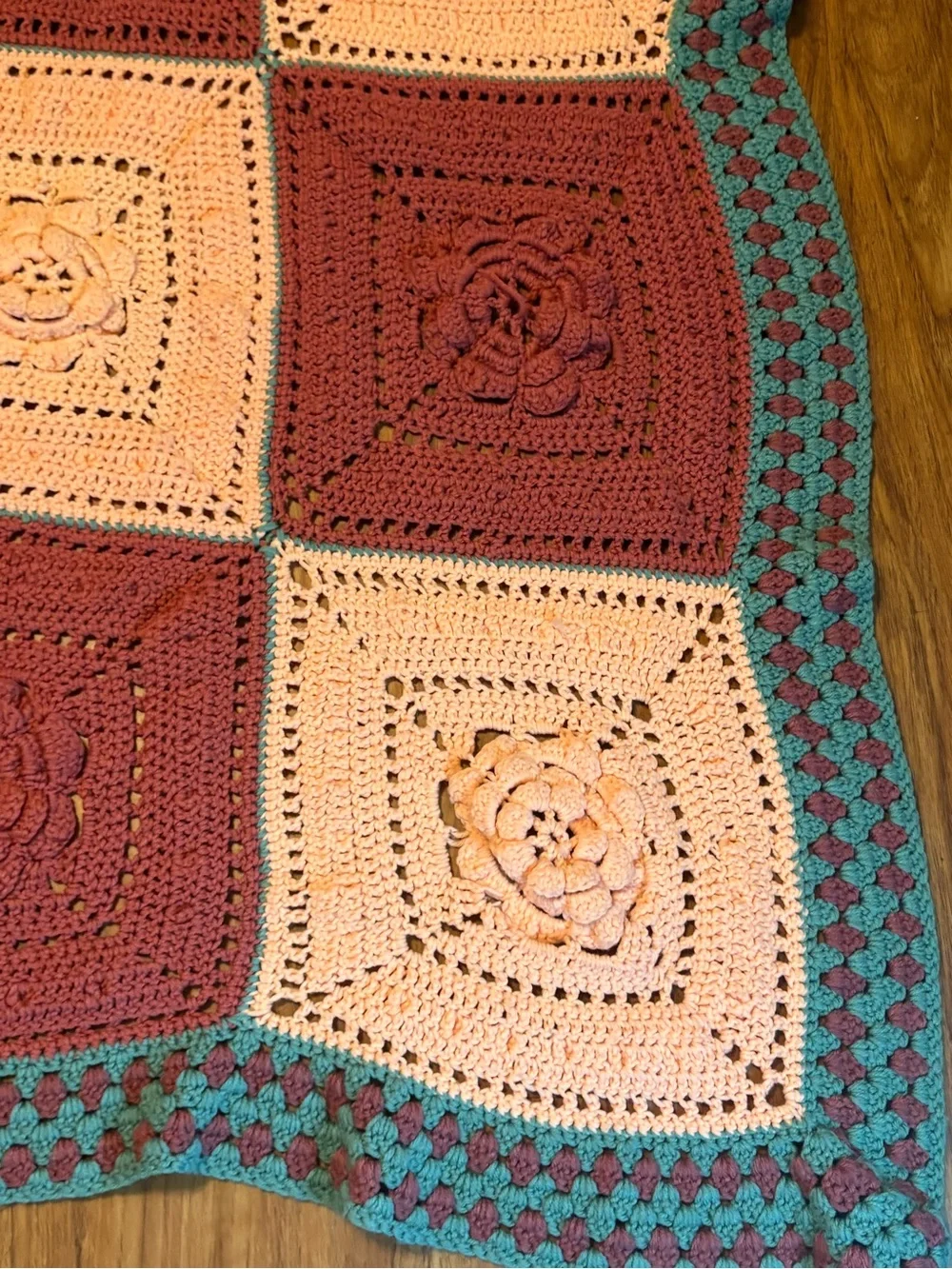 Vtg Granny Afghan Blanket 3D Flower Power Handmade Crochet 49X47” Cottagecore